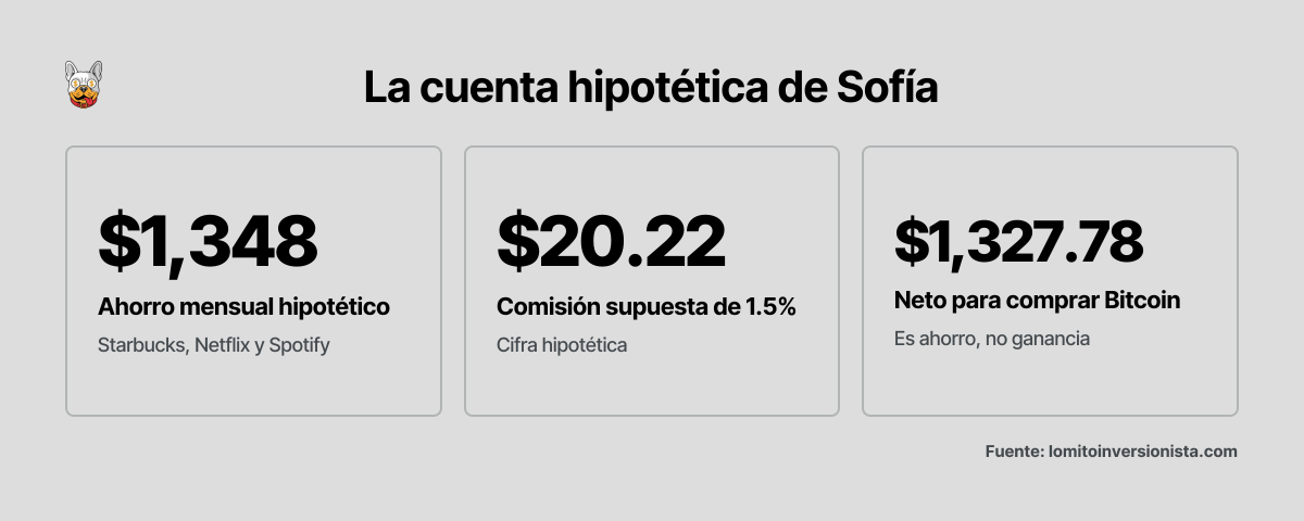 Sofía junta $1,348 al mes al cancelar Starbucks, Netflix y Spotify; con una comisión supuesta de 1.5% paga $20.22 y le quedan $1,327.78.