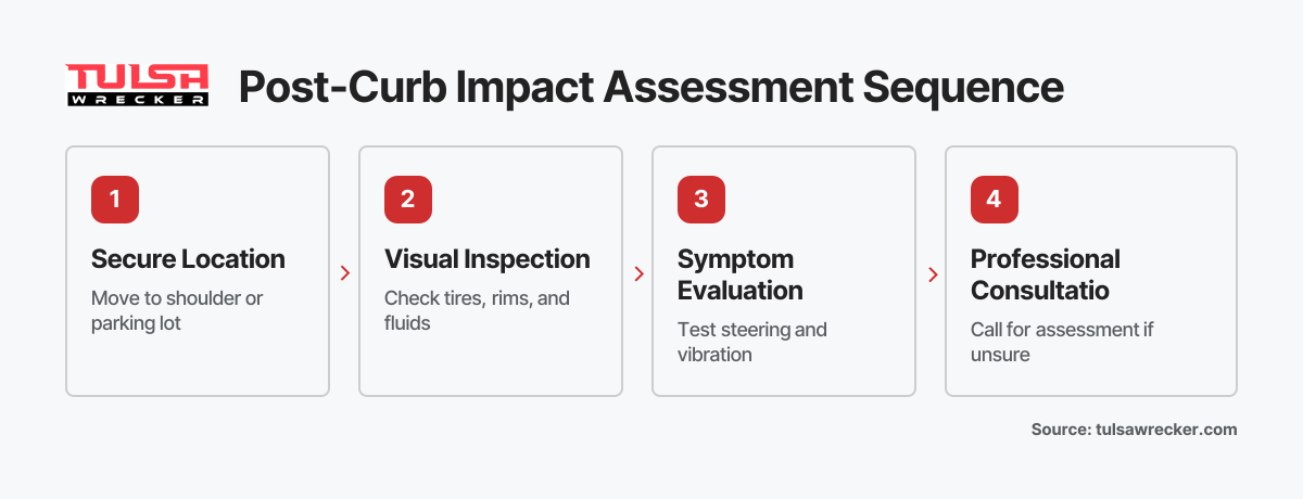 Four sequential steps for evaluating vehicle safety after hitting a curb: secure location, visual inspection, symptom evaluation, and professional consultation