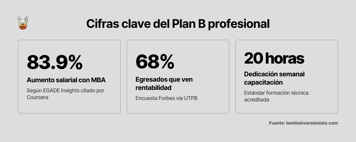 Tres estadísticas fundamentales que determinan la viabilidad financiera de estudiar una maestría versus capacitación gratuita: aumento salarial potencial, tasa de satisfacción económica y requisito horario semanal.