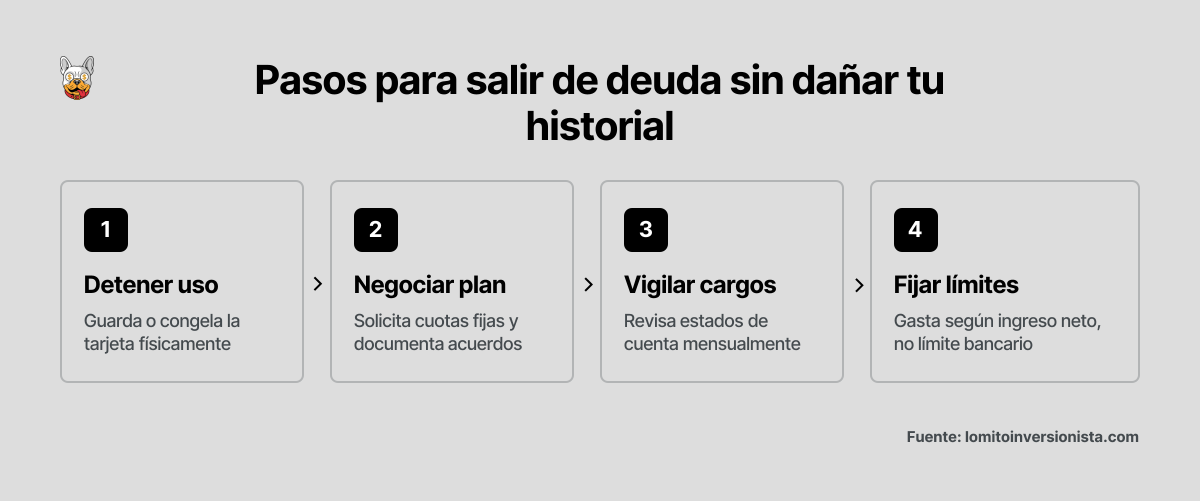 Secuencia de cuatro acciones concretas para liquidar deuda de tarjeta de crédito: dejar de usarla, negociar plan fijo, revisar estados de cuenta y establecer límites personales basados en ingreso real.