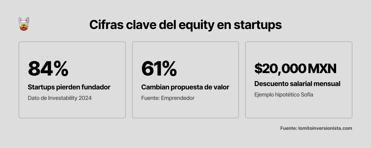 Tres estadísticas verificadas sobre compensación con opciones en startups latinoamericanas: salida de fundadores, necesidad de ajustar propuesta de valor y ejemplo de descuento salarial mensual.