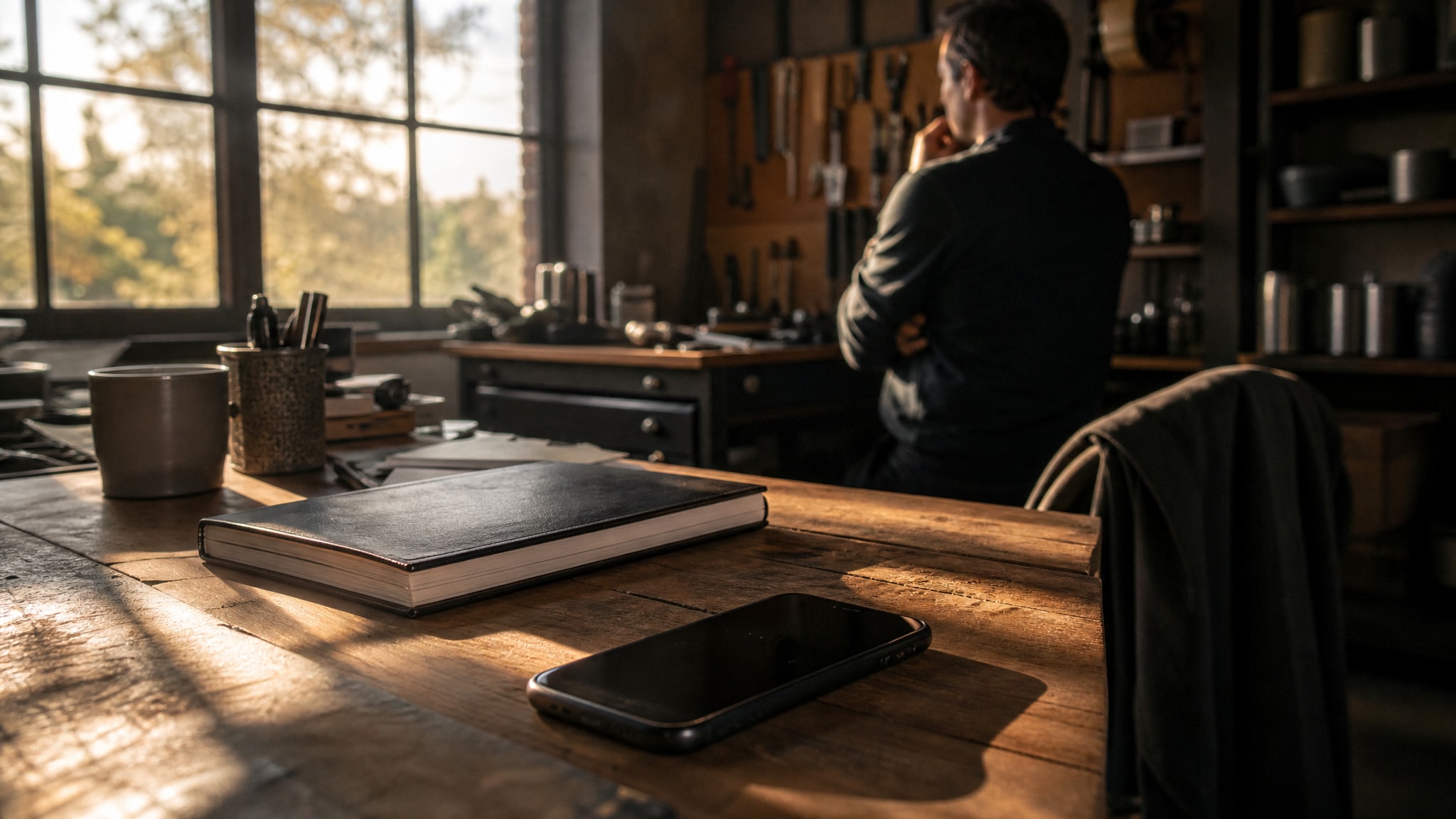 Smartphone und Notizbuch auf einem Werkstatttisch, dahinter eine Person an einer Werkbank.