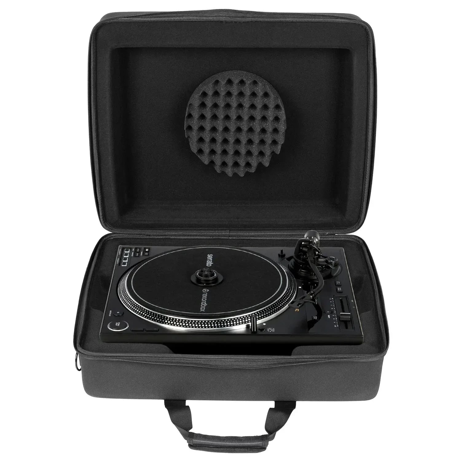 A black turntable sits inside an open, padded hard-shell carrying case with a foam cutout in the lid.