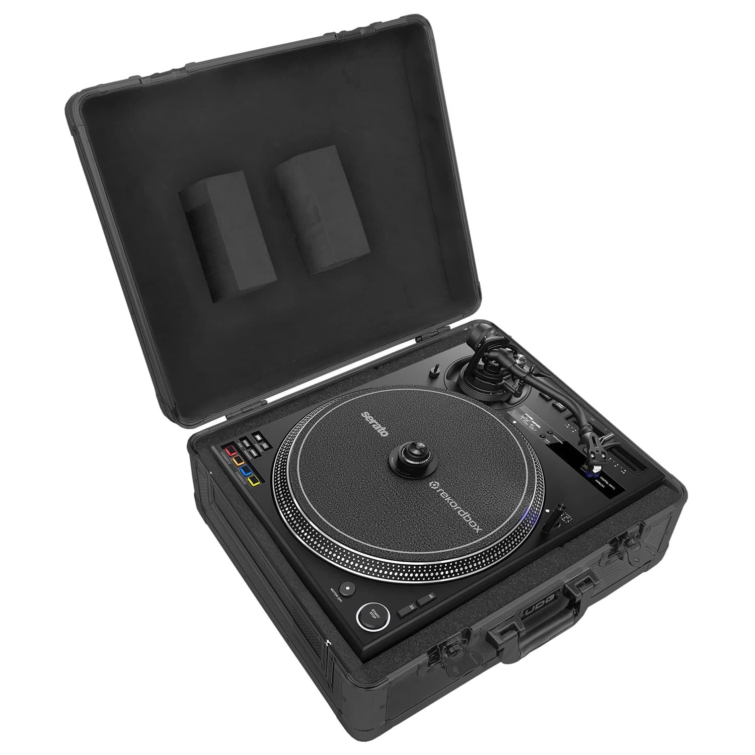 Black hardshell case open to reveal a Seagull Recordbox turntable nestled in protective foam.
