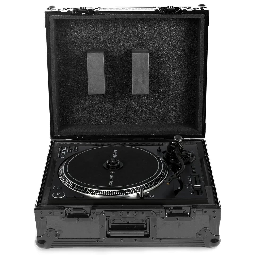 A black turntable seated inside an open protective flight case with foam lining.