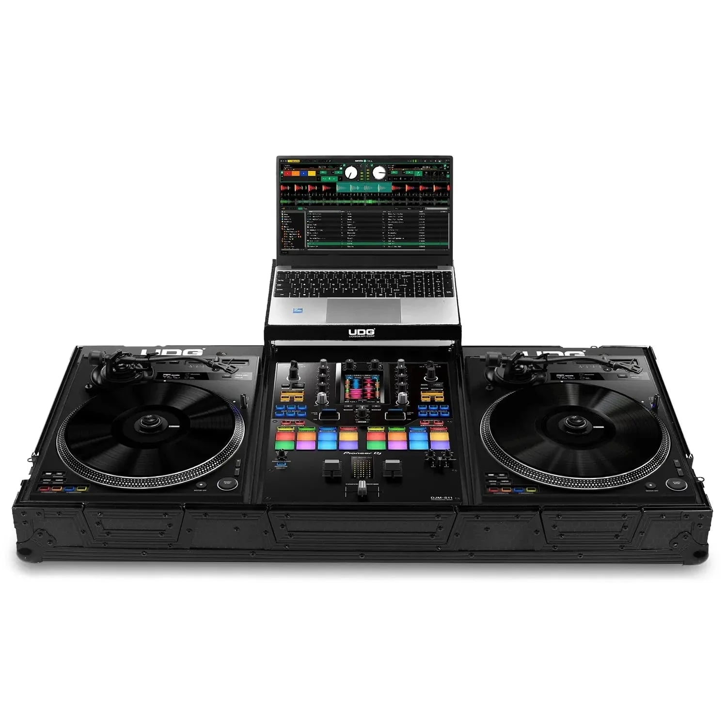 Black UDG protective case holding two turntables and a mixer with a laptop on top.